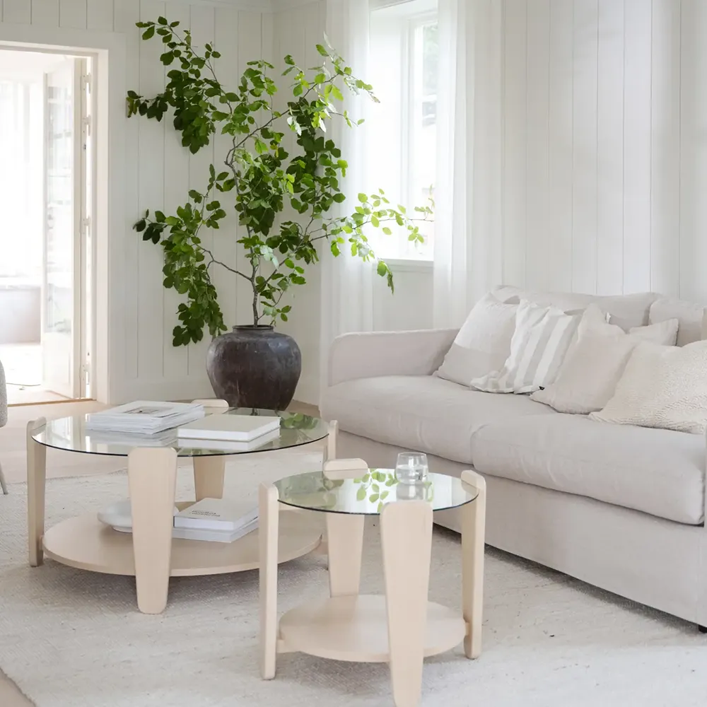 Arran soffbord Ø52 vitpigmenterad ek/glas