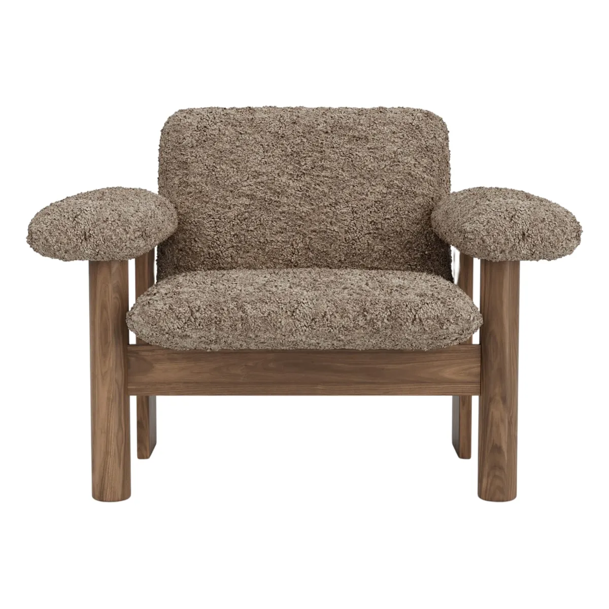 Brasilia loungestol helklädd låg rygg fyrbent underrede massiv valnöt Sheepskin Nevotex Sahara