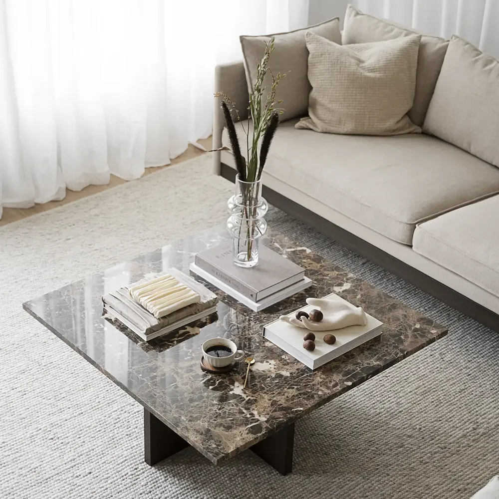 Brooksville soffbord 90x90 cm brun marmor/brun ek